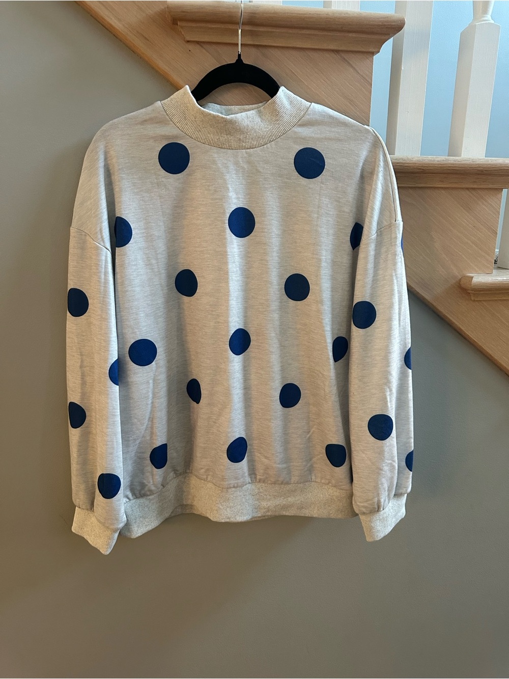 Amazon Cream Mock Neck Sweater with Blue Polka Dots